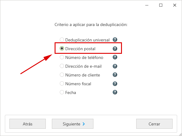Crear proyecto - criterio que deseamos aplicar para la búsqueda de duplicados